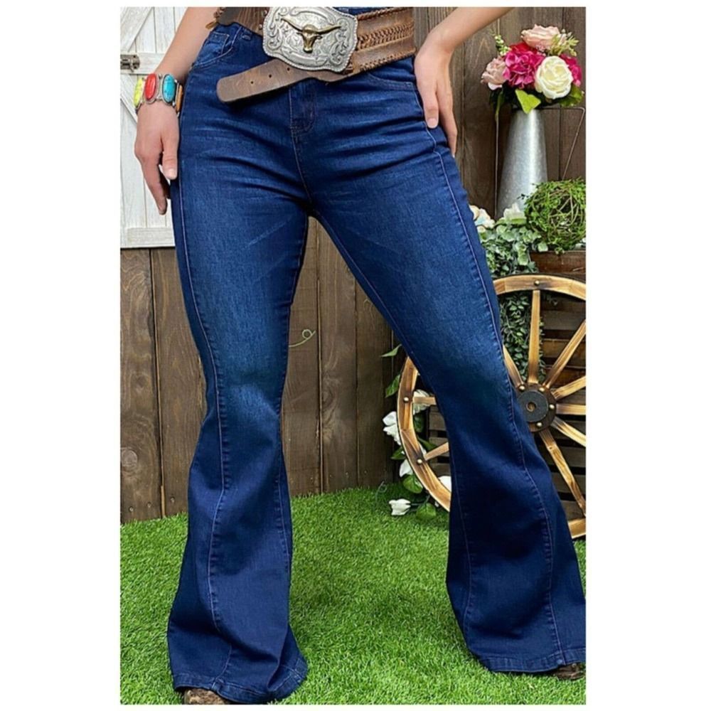 Plus Size Blue Denim Bell Bottom Jeans- sku: 9178